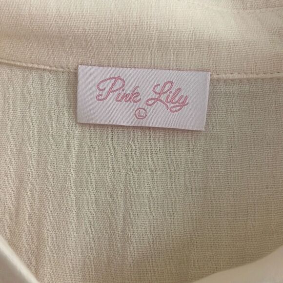 PINK LILY KEEP SHINING CREAM CROCHET SLEEVE GAUZE SZ LARGE SHACKET - Picture 5 of 7
